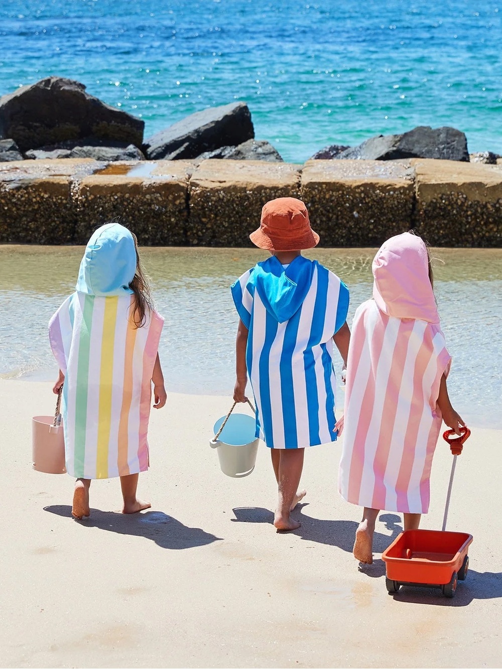 Kids Pink & White Striped Swim Coverup Hooded Poncho